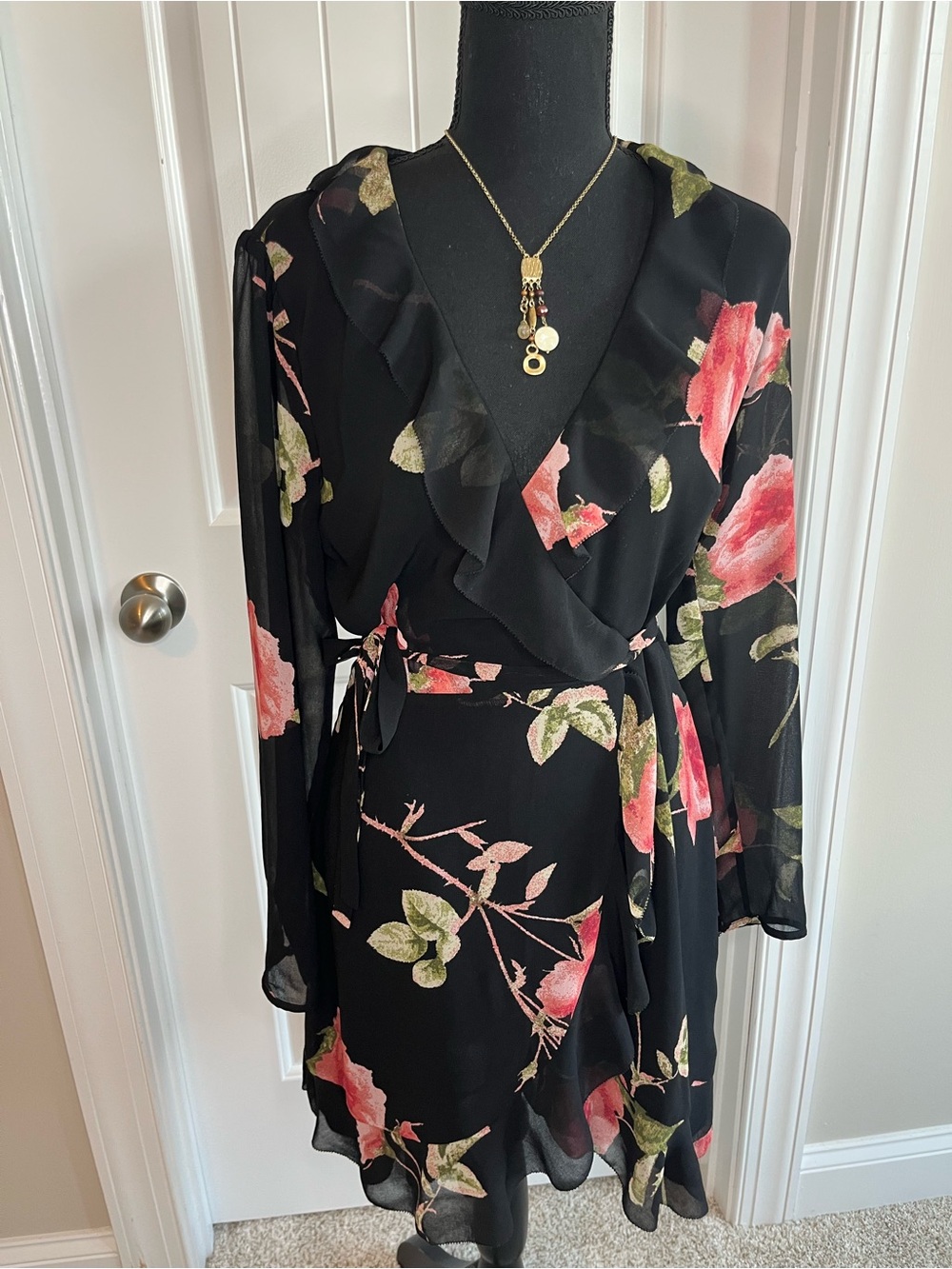 Wilfred Black Floral Wrap Dress with Pink & Green Accents